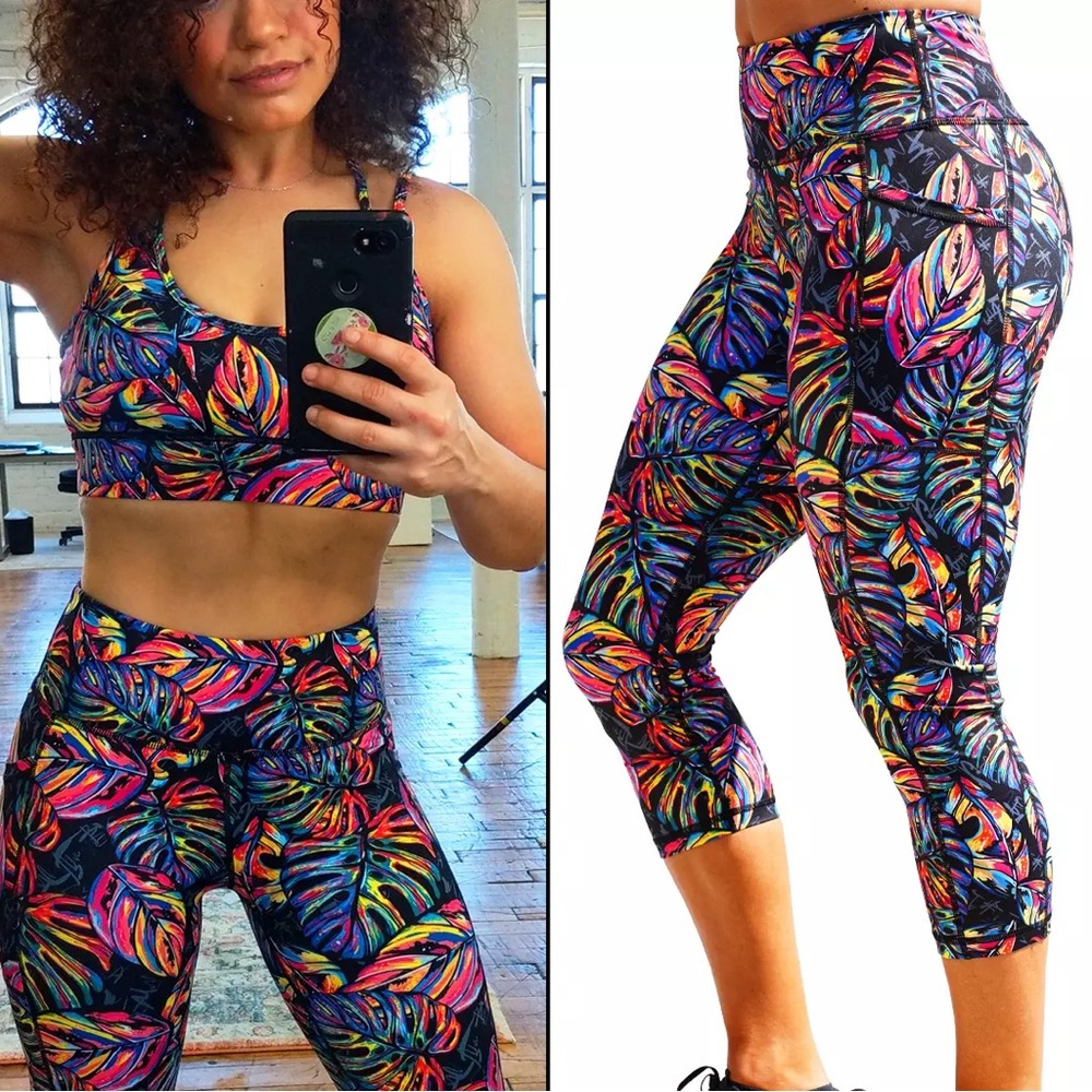 NWOT CVG-Constantly Varied Gear Leggings Pop Art Leaf Pattern Size L